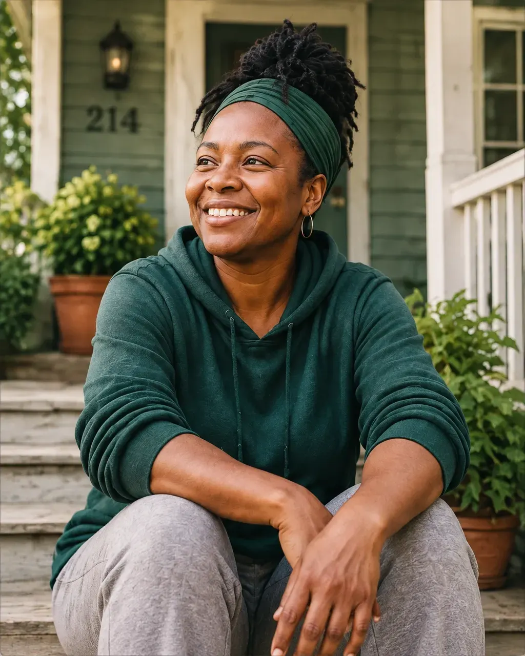A woman smiling on the steps of a welcoming home