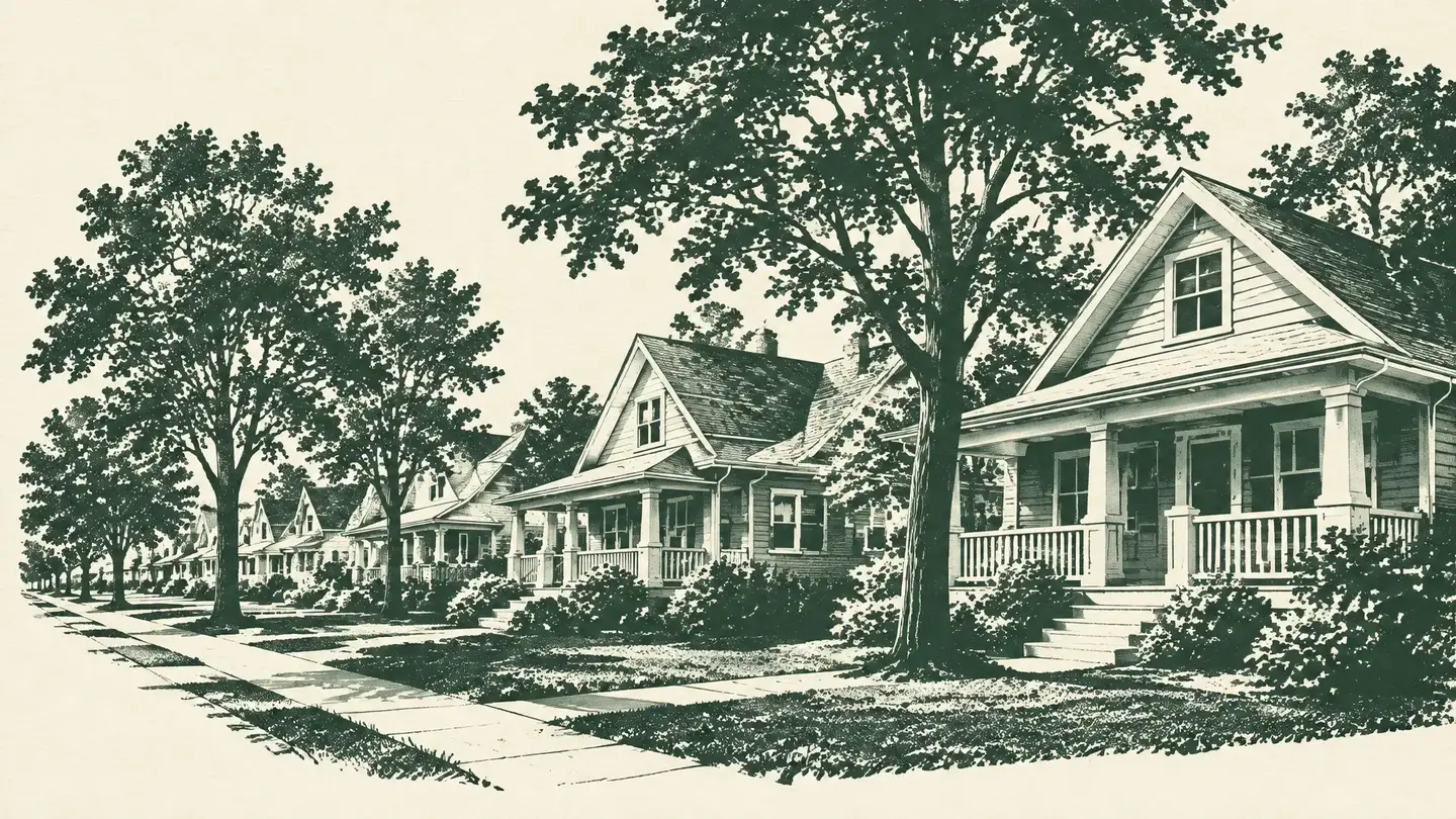 Ink-style illustration of homes with front porches along a leafy neighborhood street