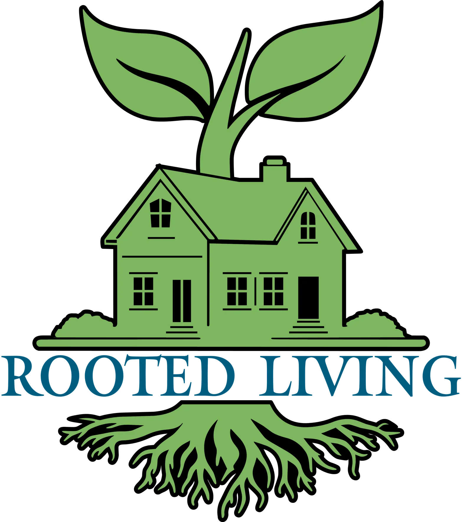 Rooted Living logo, including the home, tree, and roots